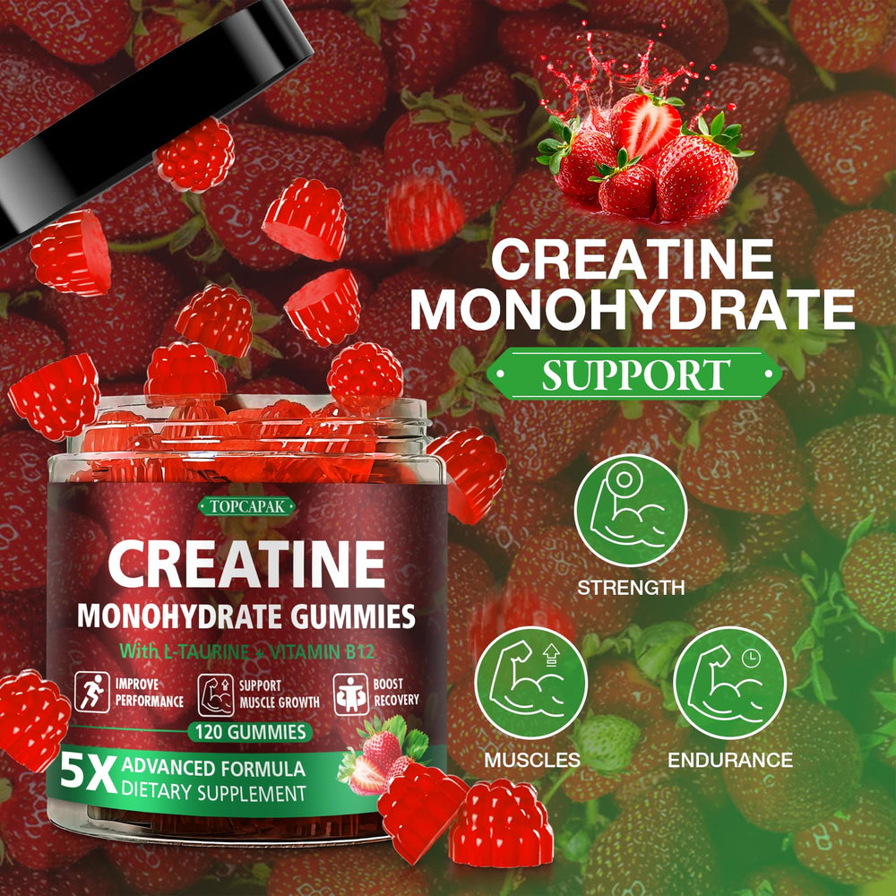TOPCAPAK Creatine Gummies bottle open highlights resealable packaging for freshness.