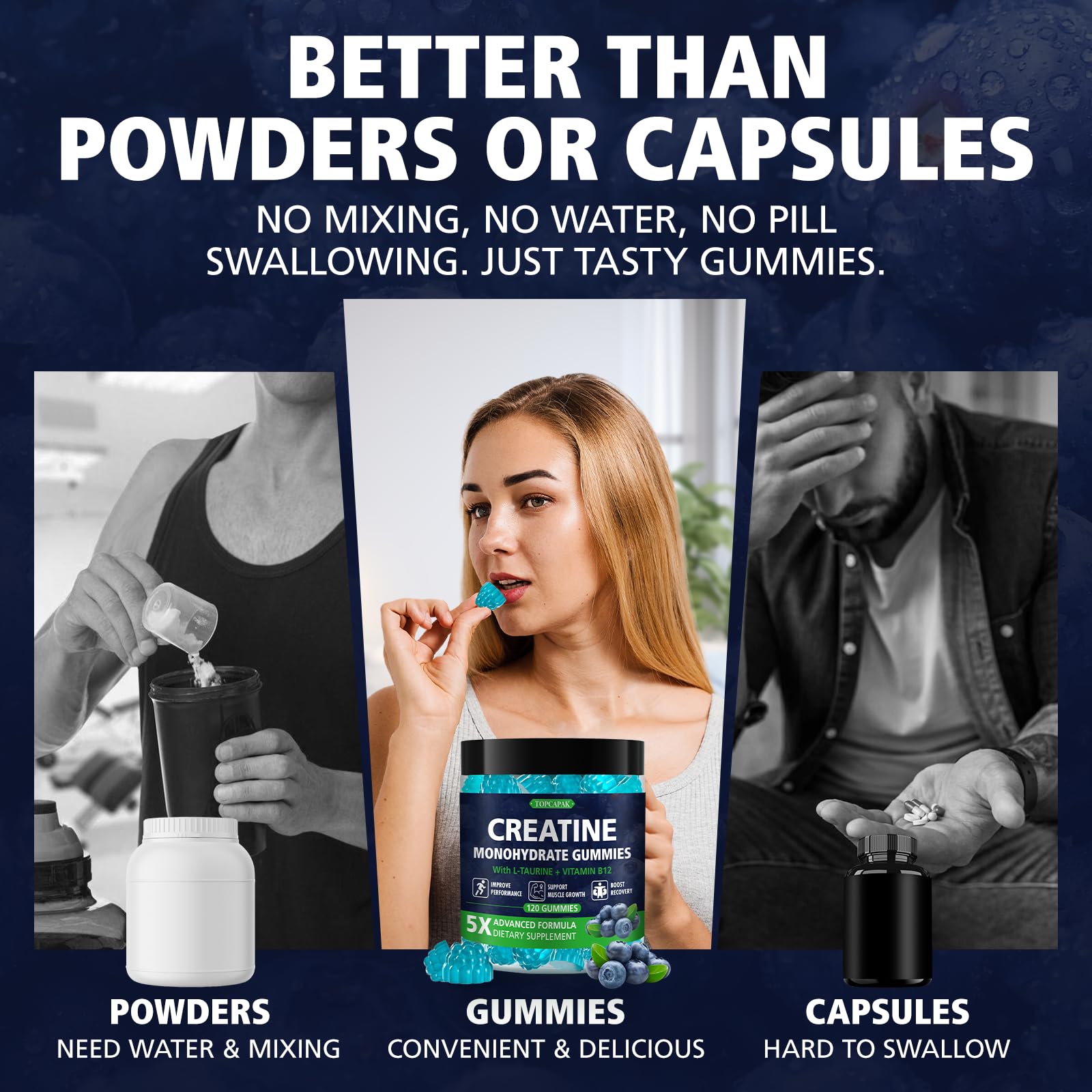 TOPCAPAK Creatine Gummies texture shot shows soft chewability.