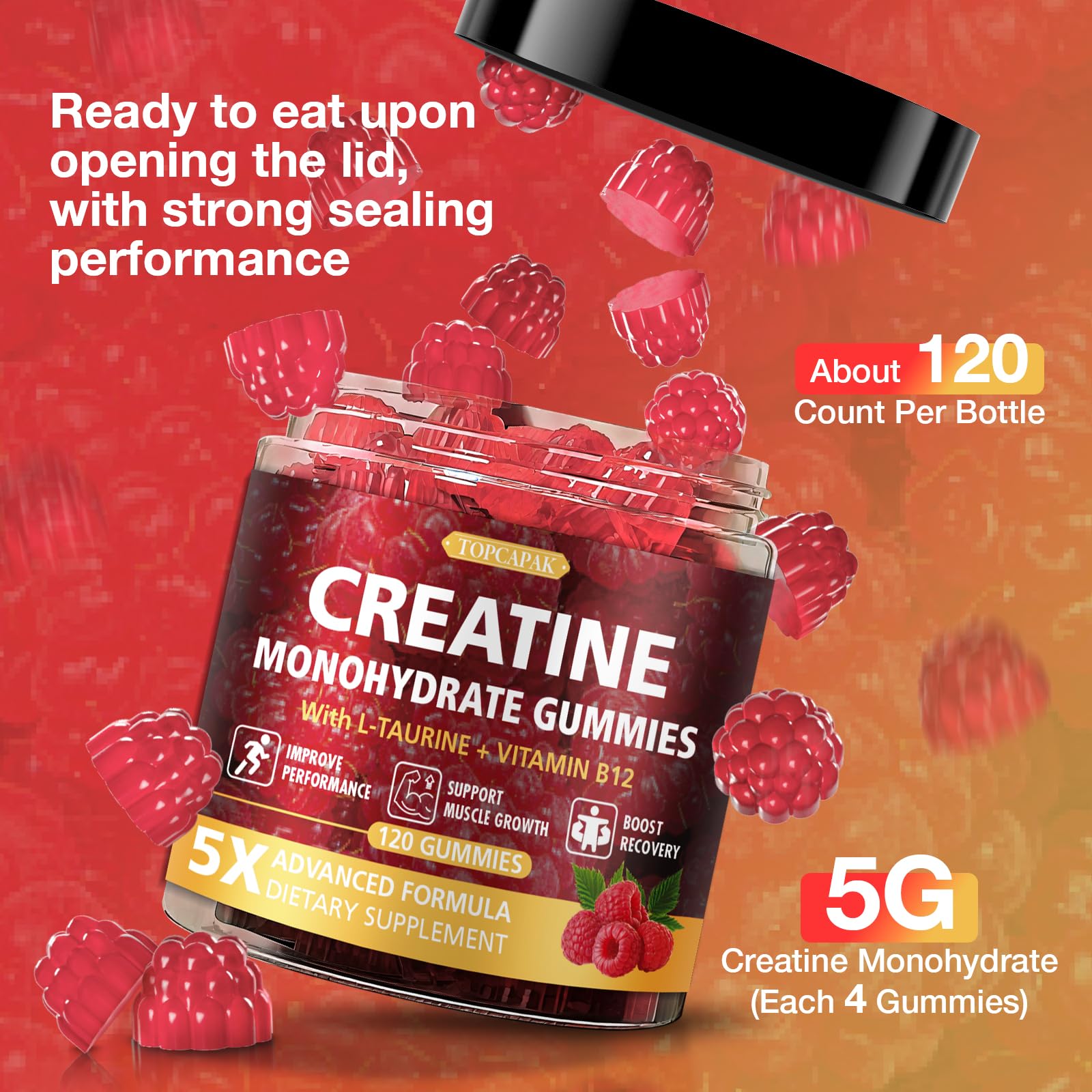 TOPCAPAK Creatine Gummies label close-up reveals taurine and vitamin B12 ingredients.
