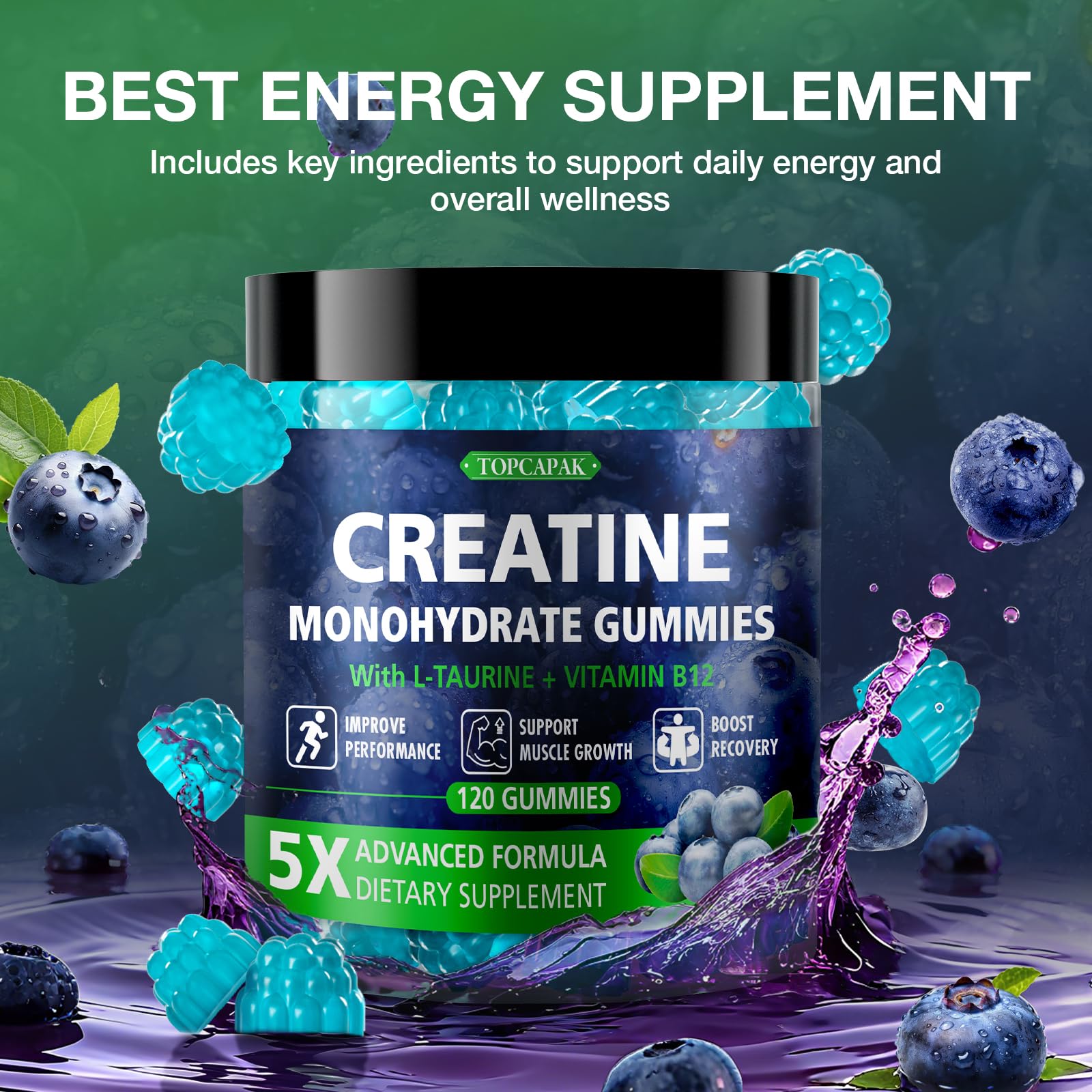 TOPCAPAK Creatine Gummies portable bottle demonstrates resealable design for freshness.
