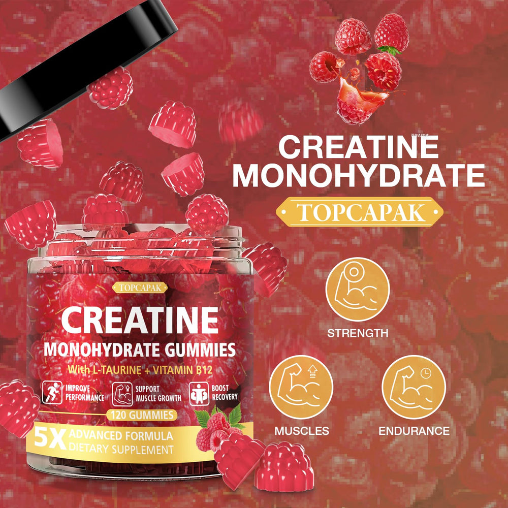 TopCAPAK Creatine Gummies raspberry flavor close-up for tasty supplementation