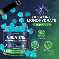 TOPCAPAK Creatine Gummies close-up reveals raspberry shapes for a tasty workout supplement.
