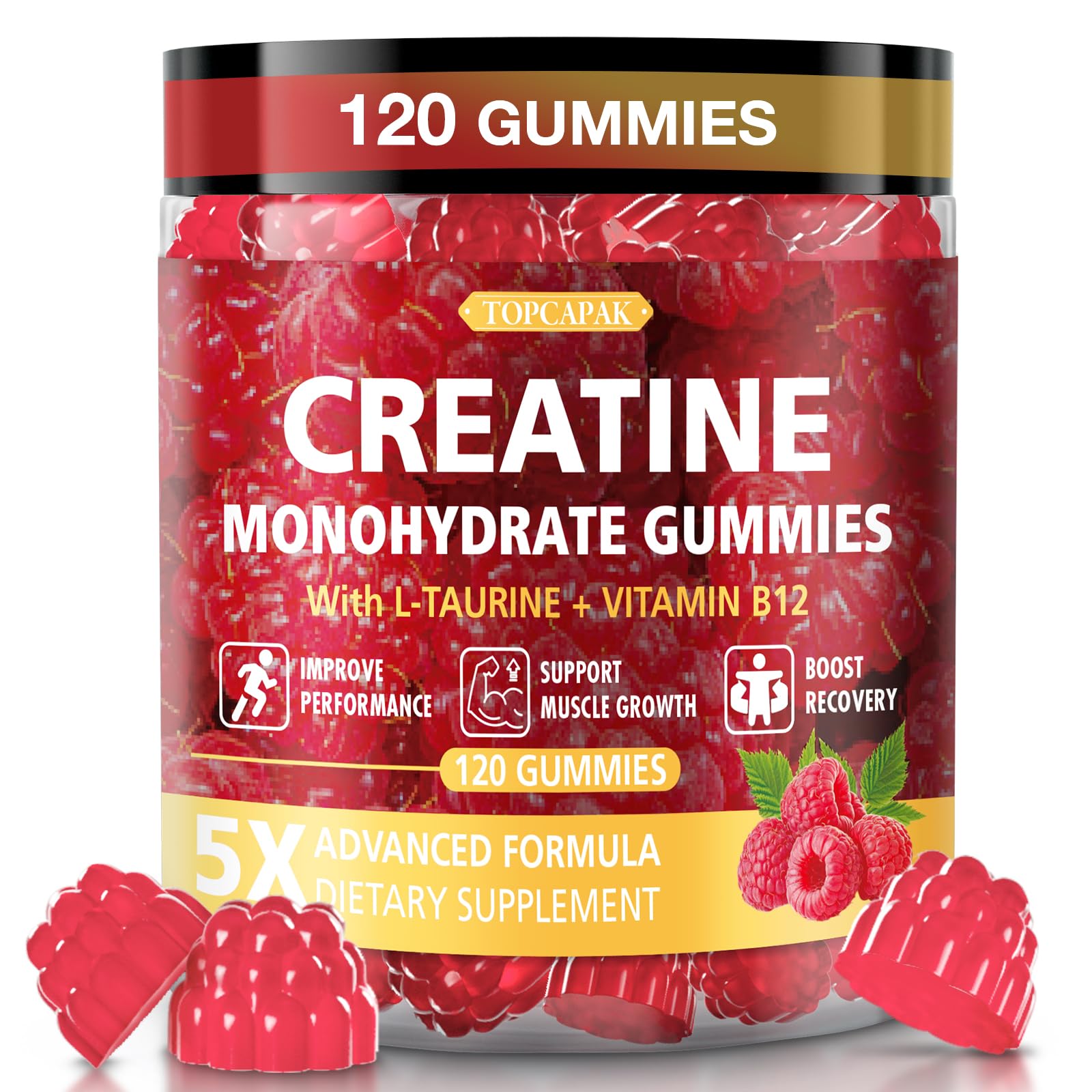 TopCAPAK Creatine Gummies raspberry shape for daily energy support