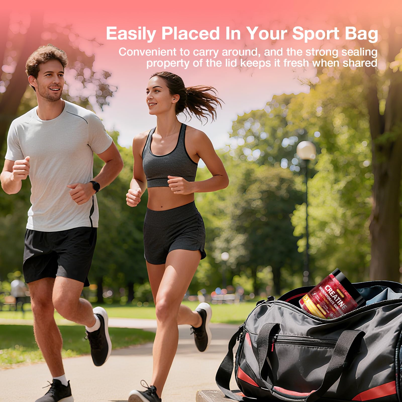 TOPCAPAK Creatine Gummies bottle on gym bag demonstrates portability.