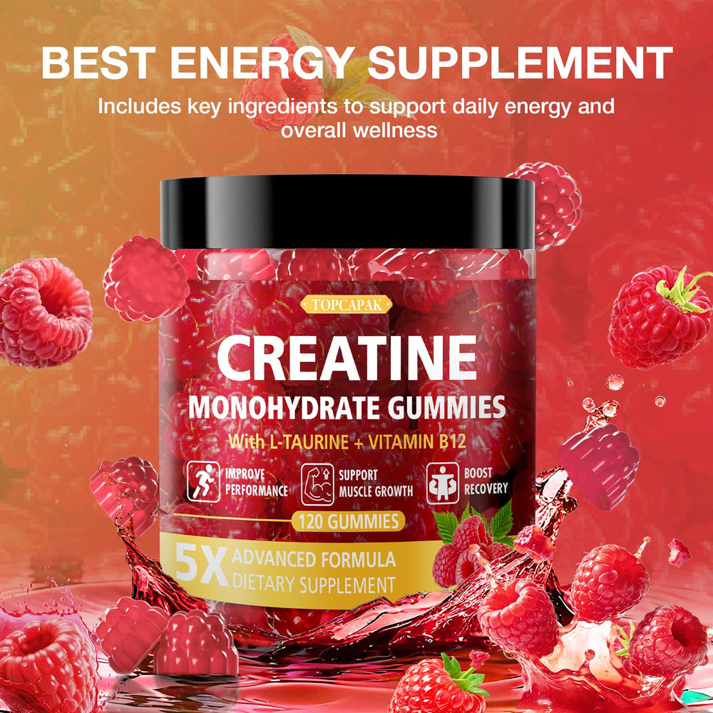 TopCAPAK Creatine Gummies four gummies per serving illustrating 5g creatine monohydrate