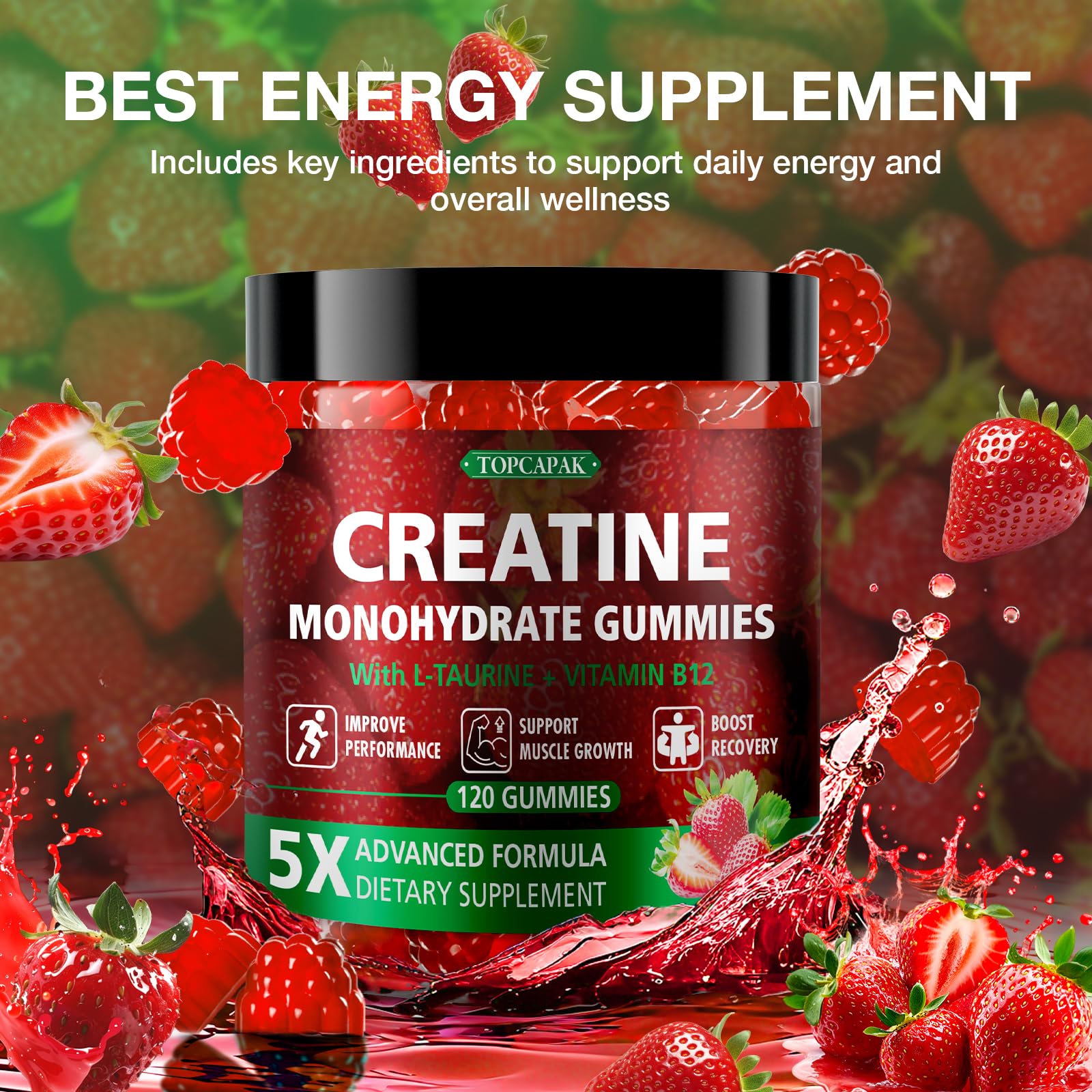 TOPCAPAK Creatine Gummies strawberry flavor close-up emphasizes tasty, easy-to-take supplement.
