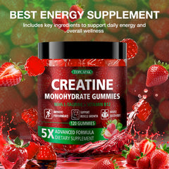 TOPCAPAK Creatine Gummies strawberry flavor close-up emphasizes tasty, easy-to-take supplement.
