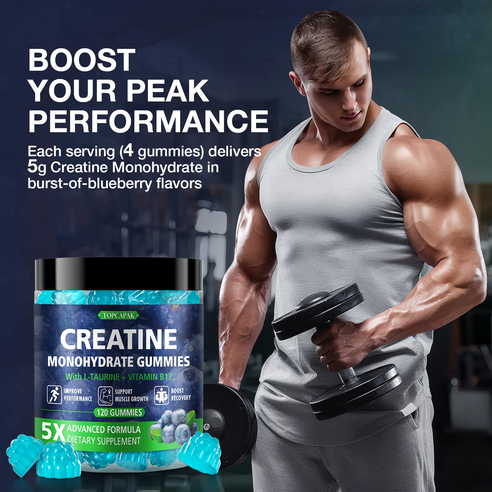 TOPCAPAK Creatine Gummies with taurine and B12 suggest daily energy-friendly supplementation.