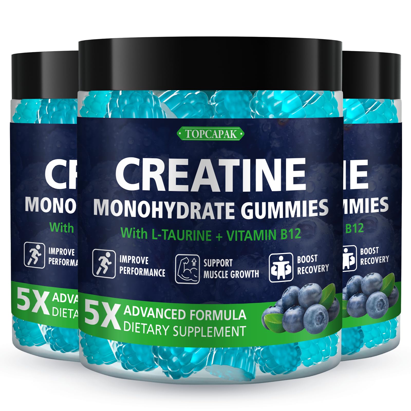 Topcapak Creatine Monohydrate Gummies in blueberry flavor for convenient daily fitness support
