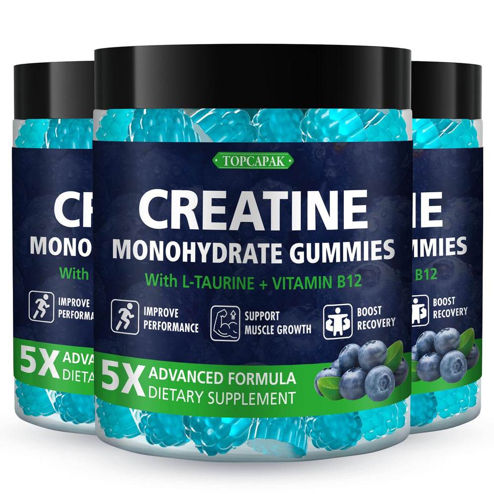 Topcapak Creatine Monohydrate Gummies in blueberry flavor for convenient daily fitness support