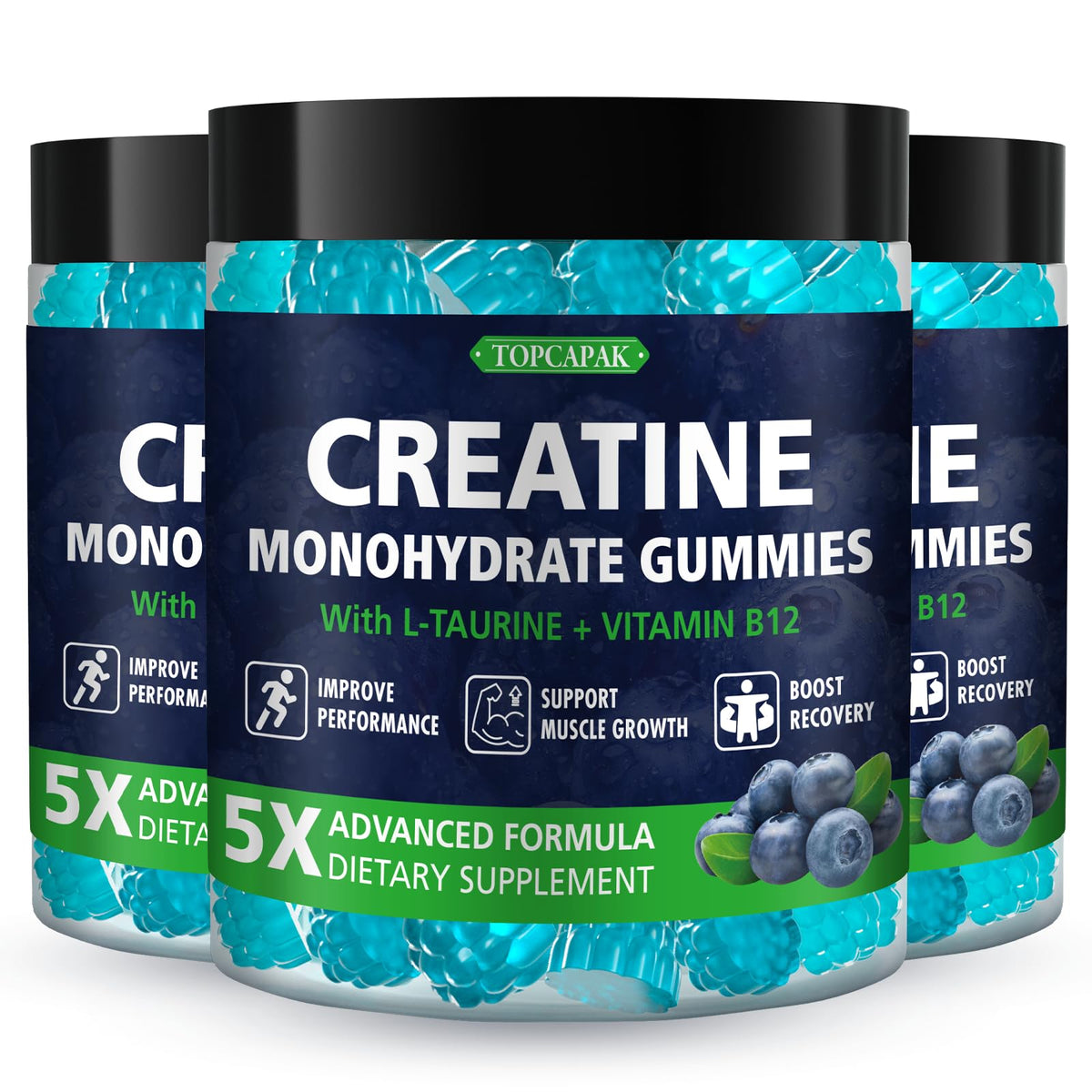 Topcapak Creatine Monohydrate Gummies in blueberry flavor for convenient daily fitness support