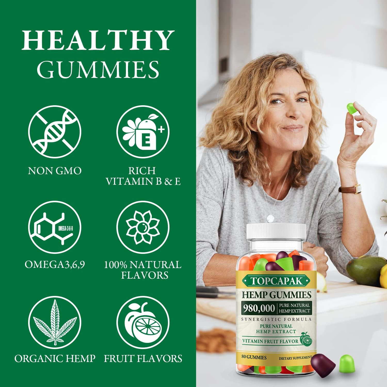 Bottle scene of TOPCAPAK hemp gummies with pack on display