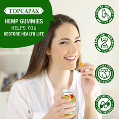 TOPCAPAK Hemp Gummies packaging side view notes CO2 extraction and testing