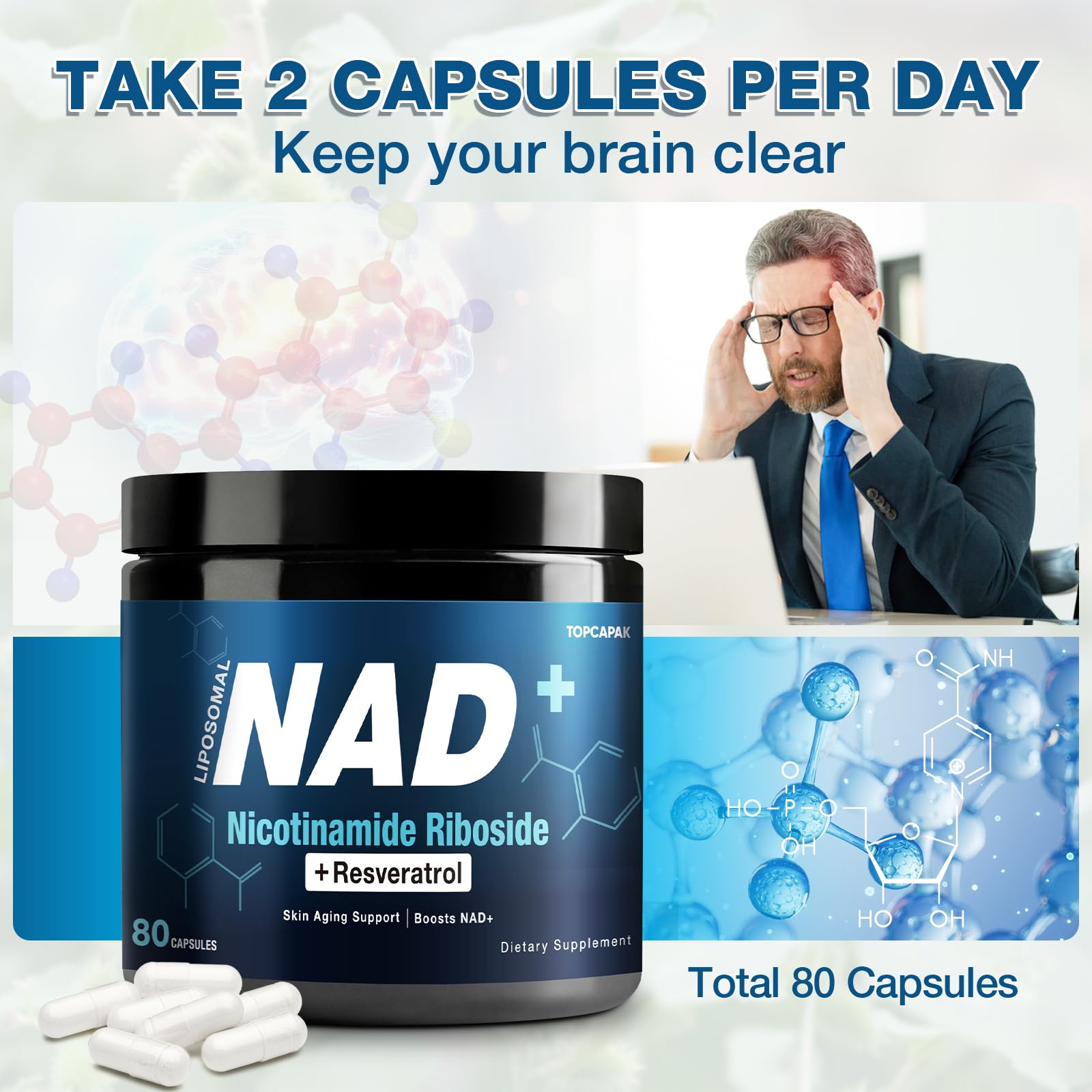 TopCapak NAD+ 1000mg ingredients panel highlighting pure organic ingredients.