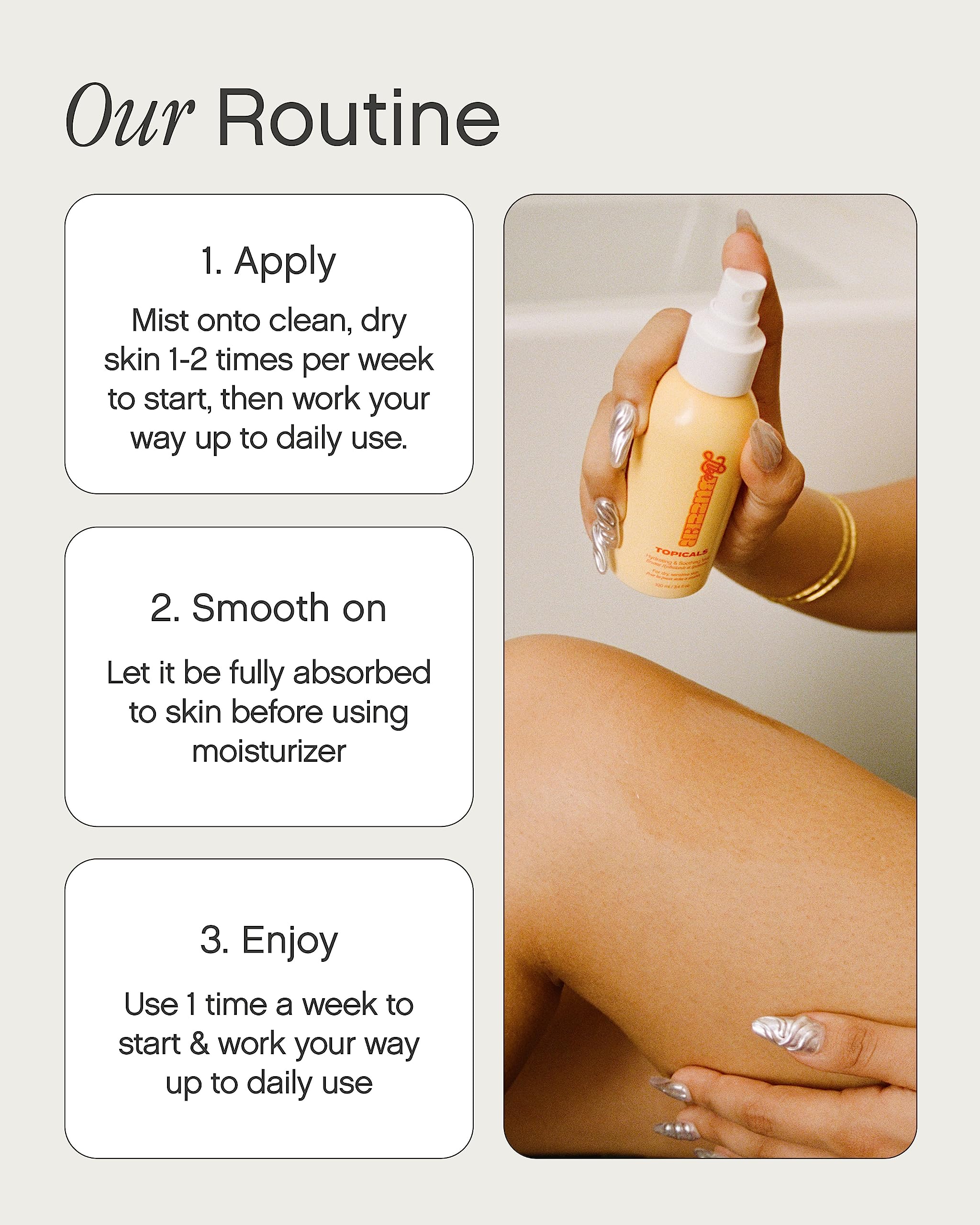 Mist applied on arm shows refreshing feel and easy daily use with Topicals Like Butter Mist.