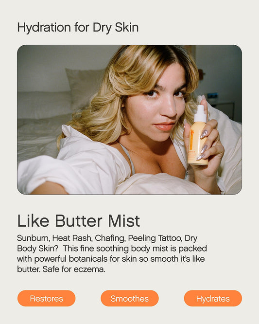 Close-up of Topicals Like Butter Mist spray showing quick-absorbing hydration for dry skin.