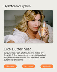 Close-up of Topicals Like Butter Mist spray showing quick-absorbing hydration for dry skin.