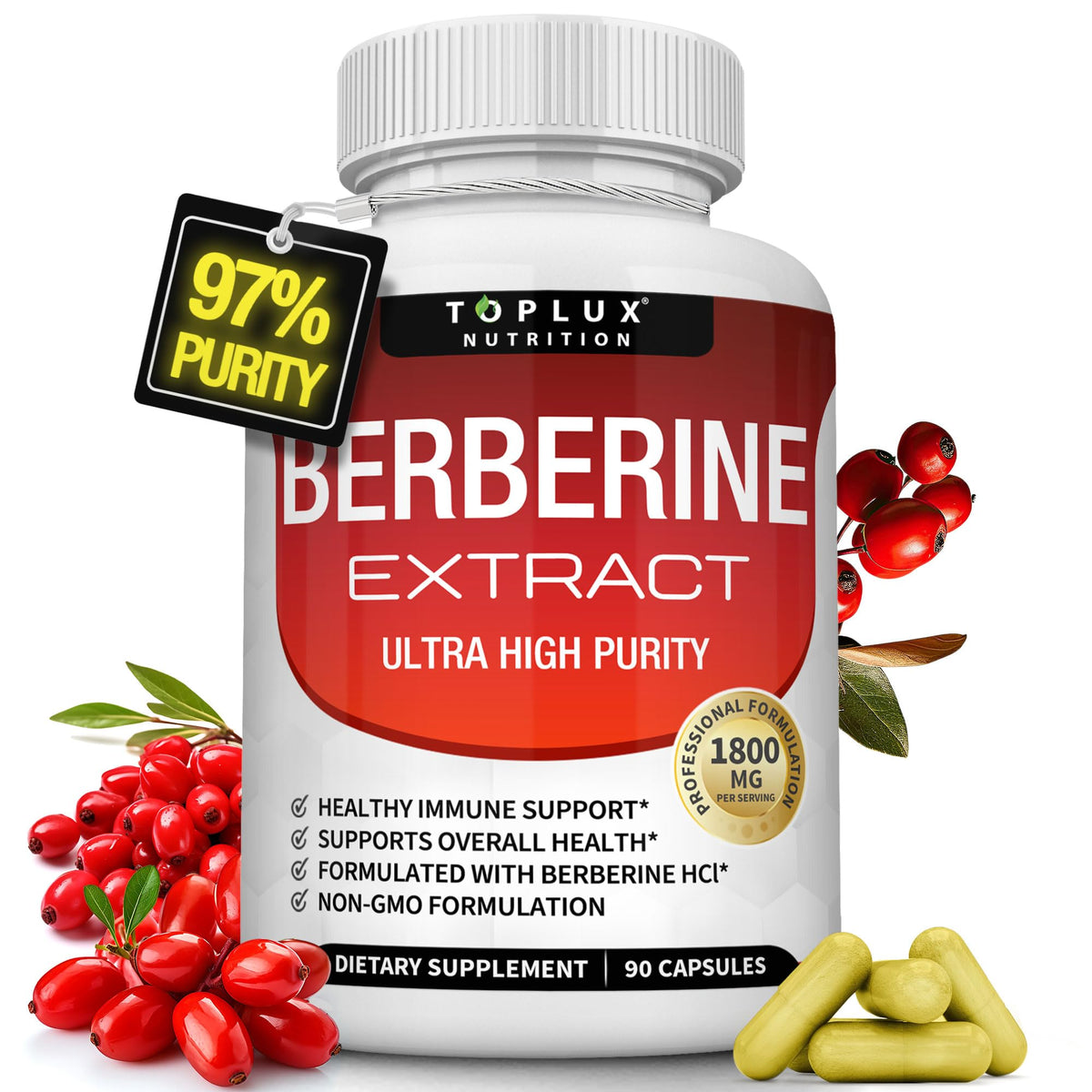 Toplux Berberine bottle pouring highlights ultra high purity berberine HCl.