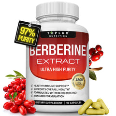 Toplux Berberine bottle pouring highlights ultra high purity berberine HCl.
