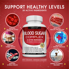 Toplux Blood Sugar Complex bottle back outlines ingredient blend for informed daily use.