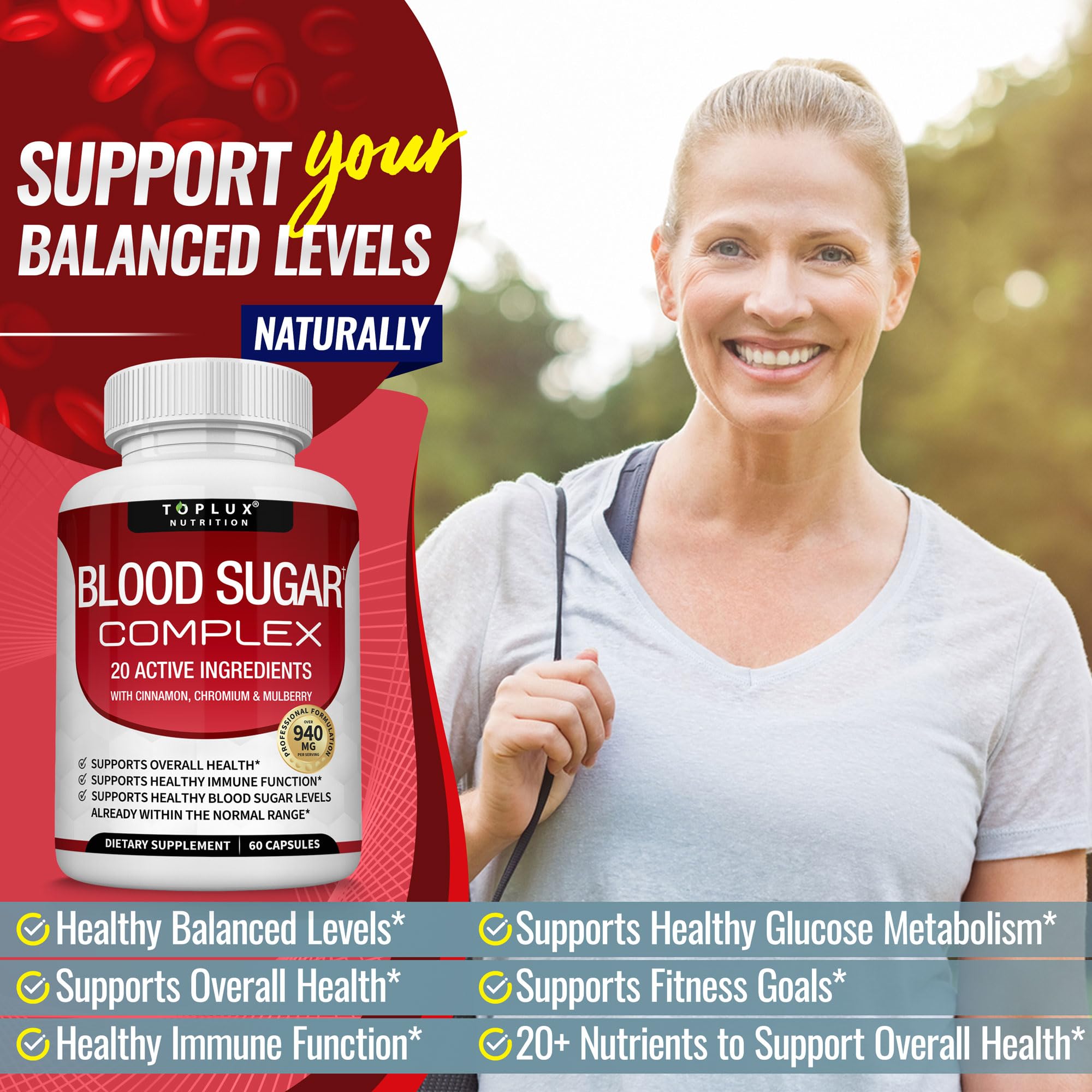 Toplux Blood Sugar Complex capsules close-up shows easy, daily intake.
