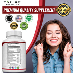 Toplux Blood Sugar Complex GMP facility badge signals quality manufacturing standards.