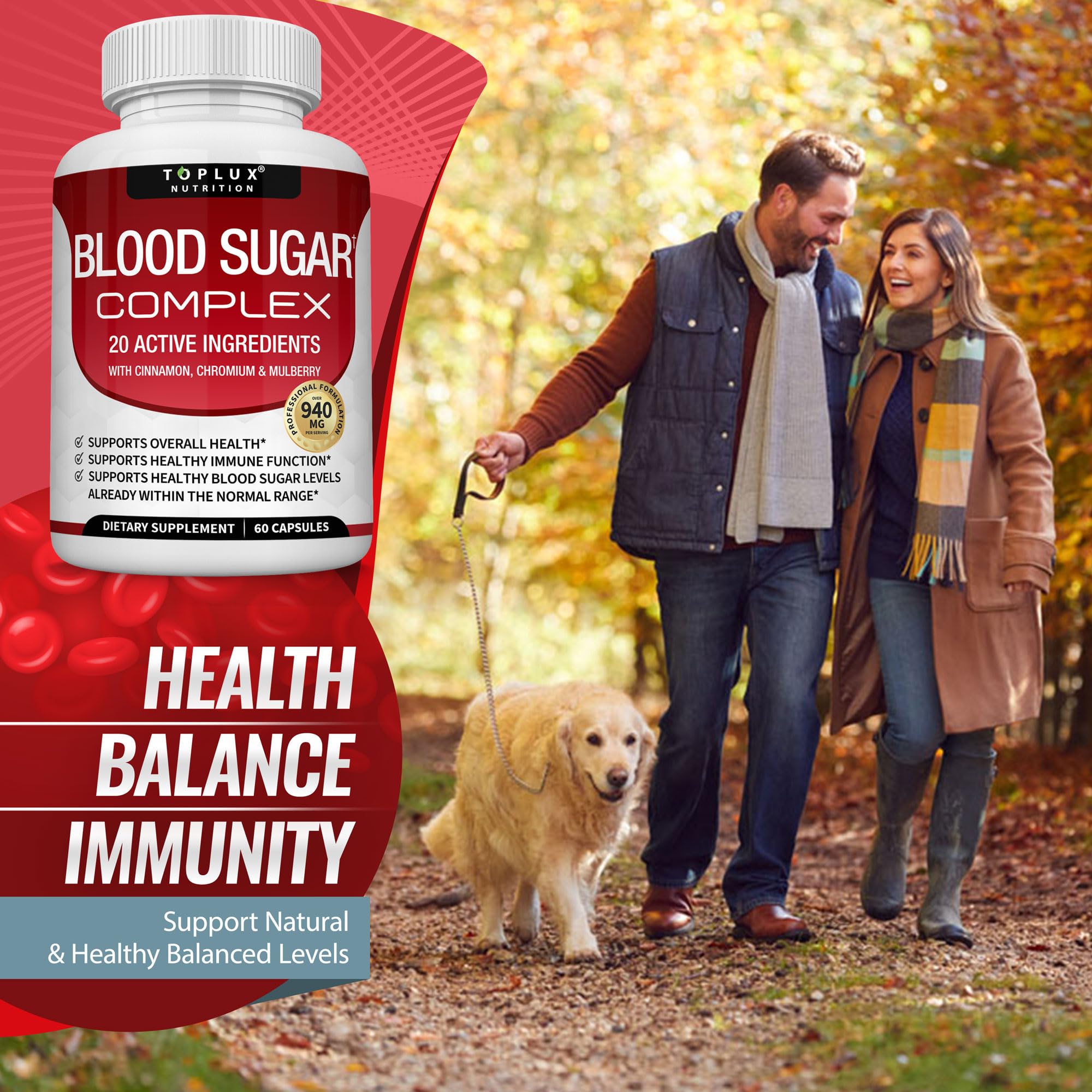 Toplux Blood Sugar Complex ingredient list highlights plant-based components for daily support.