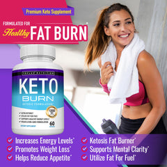 Toplux Keto Burn Pills bottle label detail highlights 60 capsules for keto practice.
