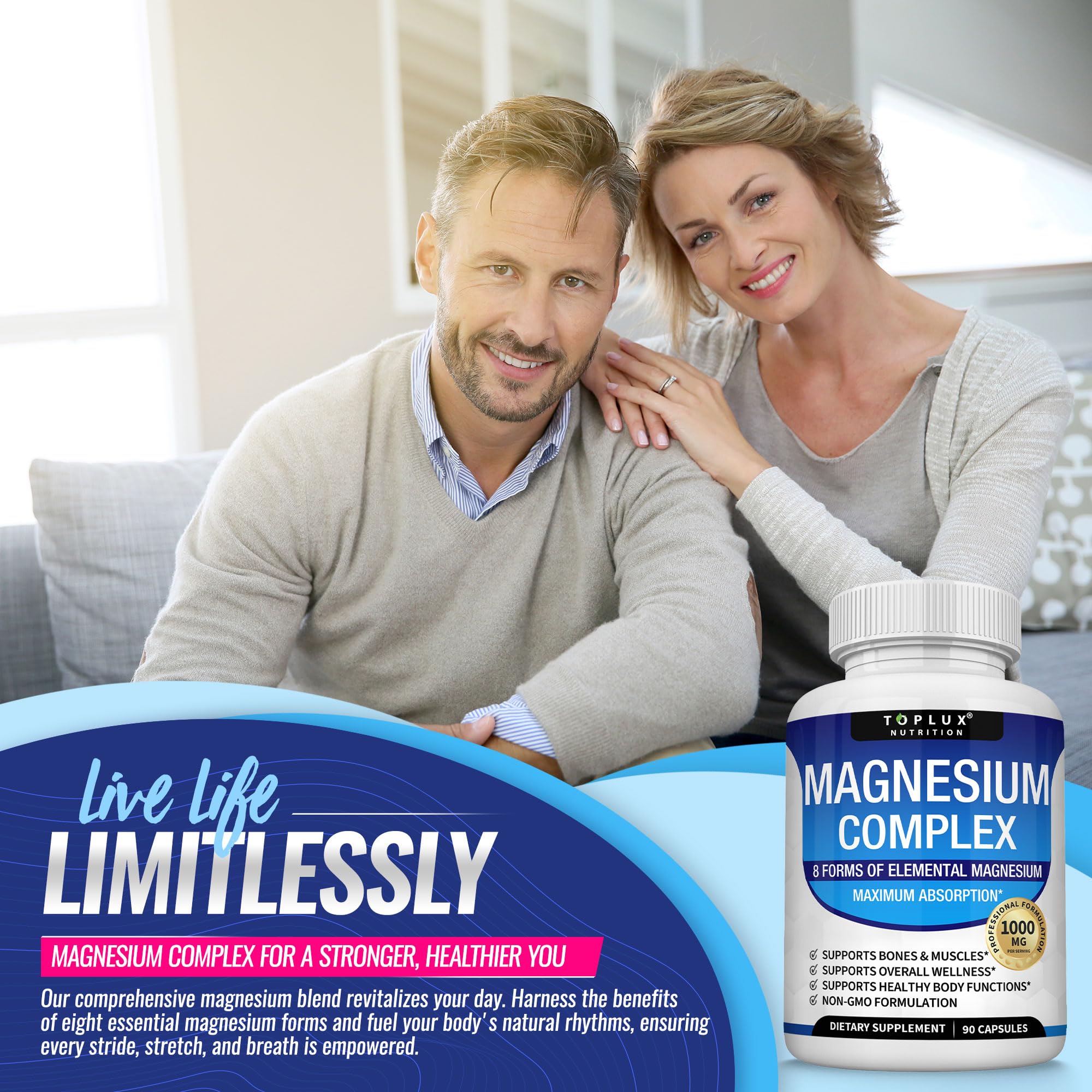 Toplux Magnesium Complex bottle pour highlighting easy daily use