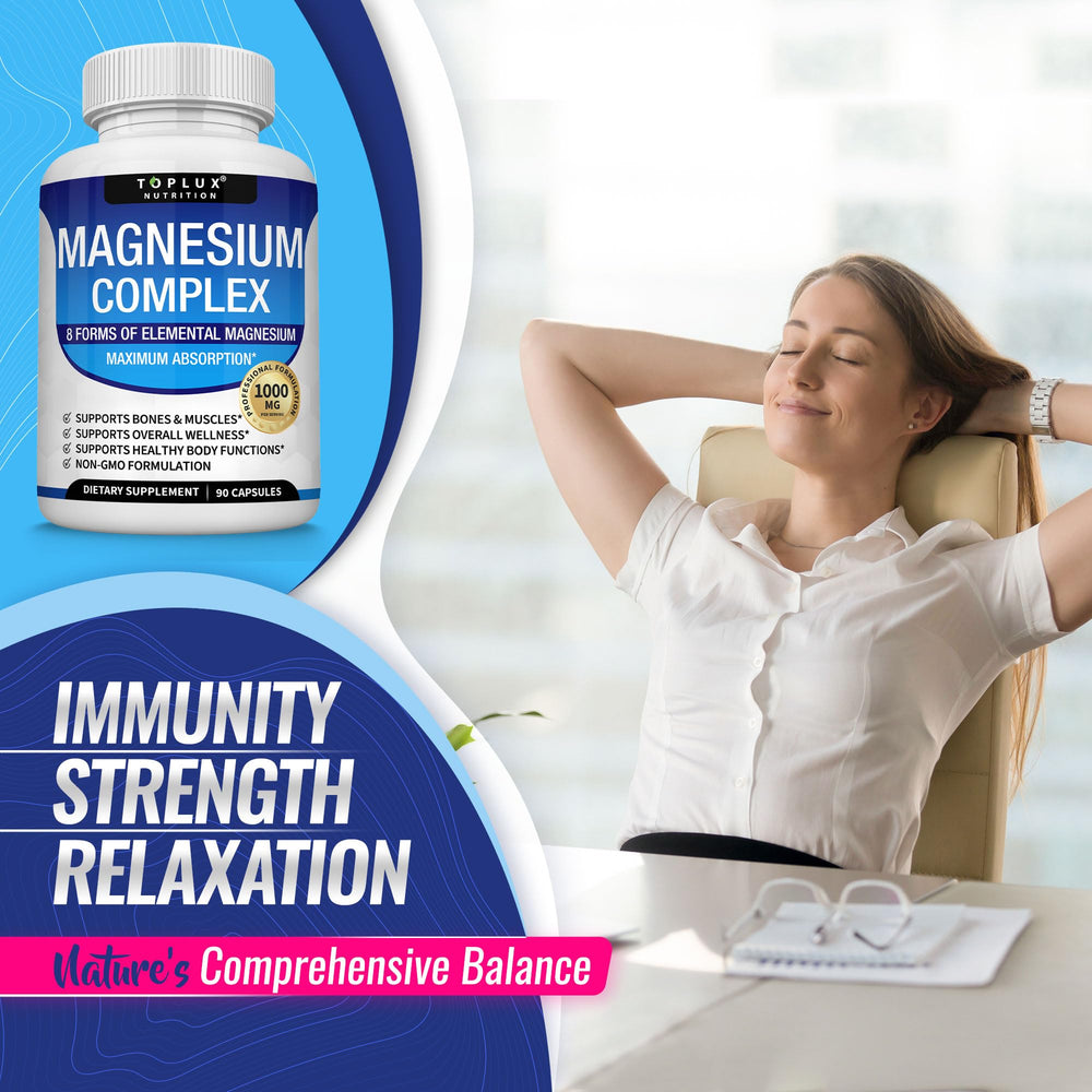 Toplux Magnesium Complex capsules close-up emphasizing vegan non-GMO formula