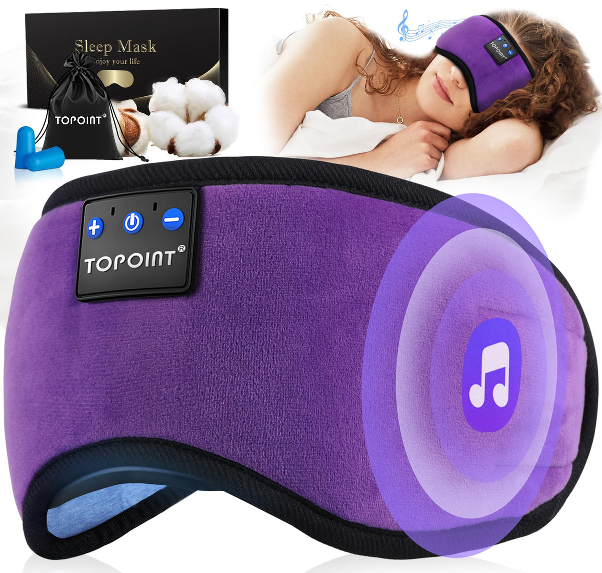 TOPOINT Sleep Mask with built-in Bluetooth headphones for travel and deep sleep.