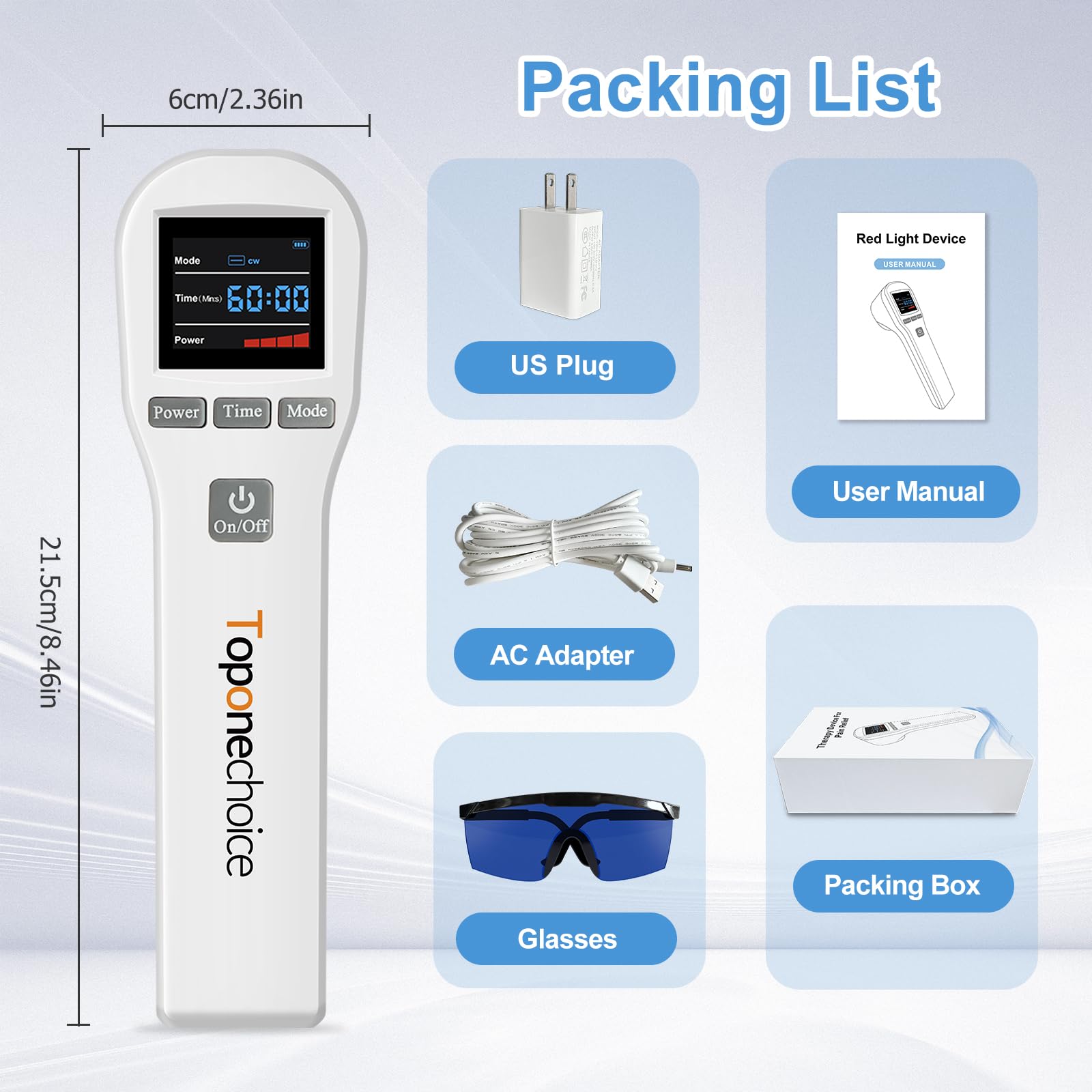 Toponechoice included accessories: manual, glasses, and charger