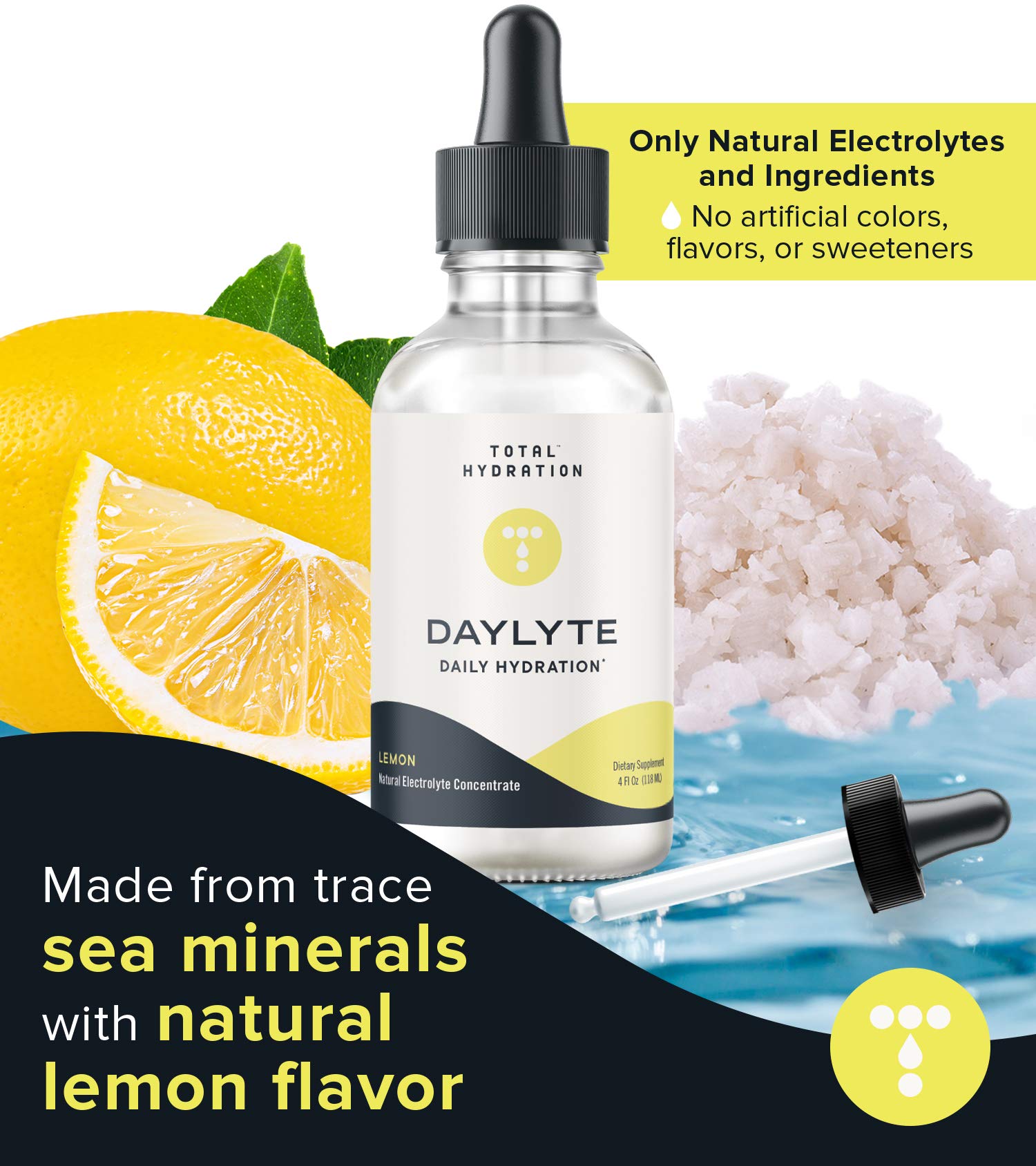Total Hydration Daylyte electrolyte drops lemon label close-up communicates minerals and flavor.
