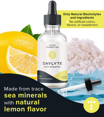 Total Hydration Daylyte electrolyte drops lemon label close-up communicates minerals and flavor.