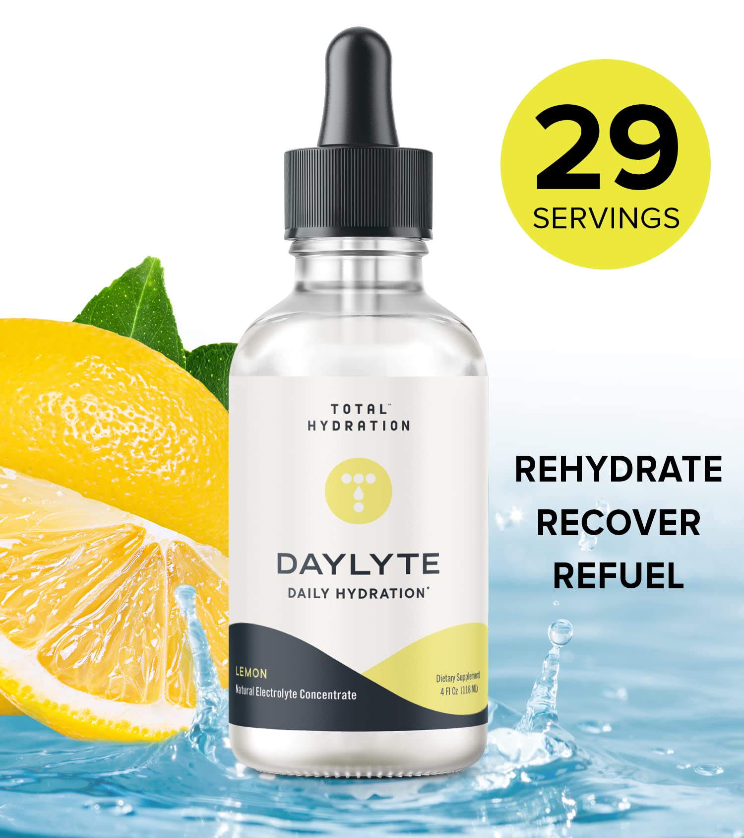 Total Hydration Daylyte electrolyte drops pour showing lemon solution for quick on-the-go hydration.