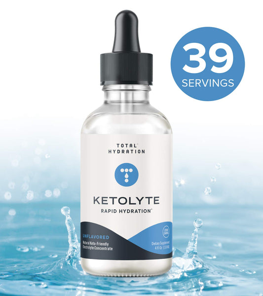Total Hydration Ketolyte bottle being poured for a calorie-free electrolyte refresh.
