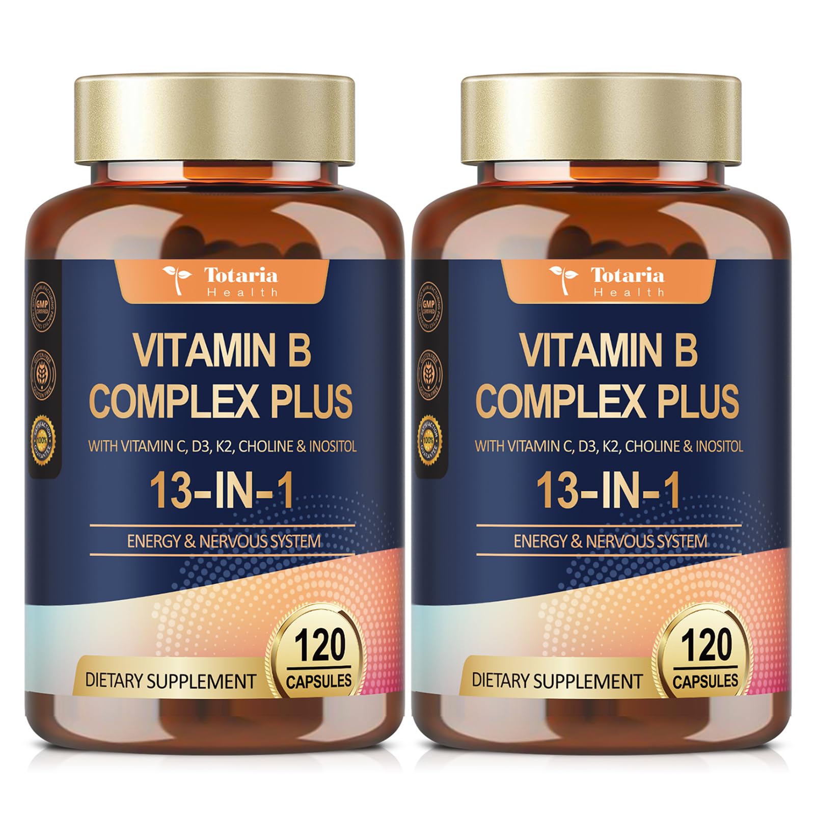 Totaria 13-in-1 B Complex capsules on bottle label for daily energy.