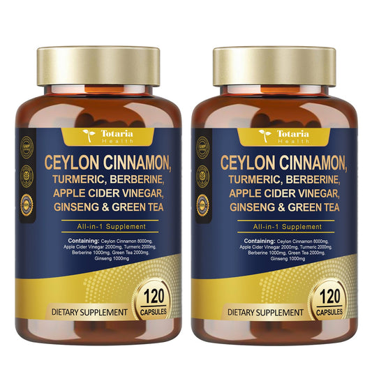 Totaria 18-in-1 Ceylon Cinnamon capsules bottle displays premium formula and convenience.