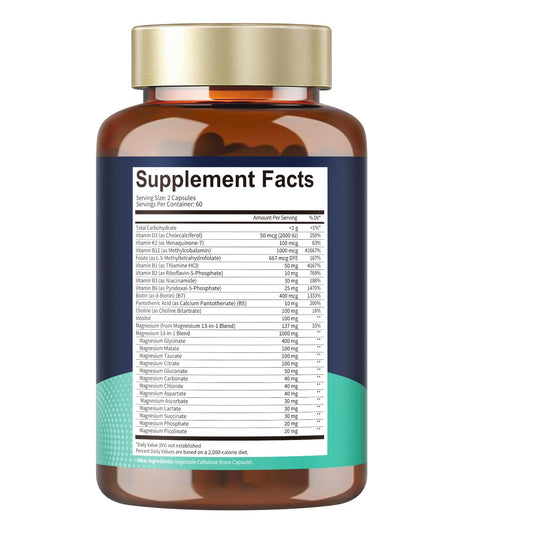 Totaria 25-in-1 Magnesium Complex capsules close-up for vegan daily support