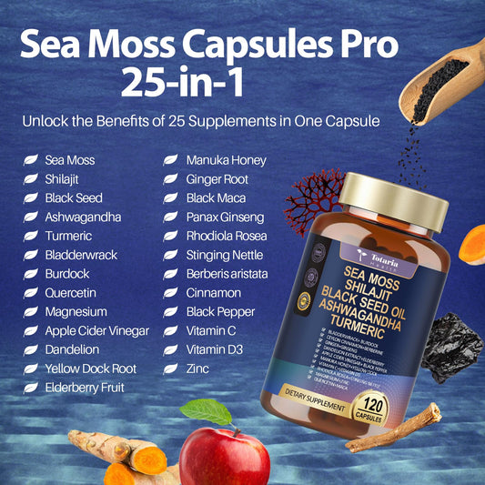 Totaria 25-in-1 Sea Moss capsules bottle back showing ingredients and serving guidance.