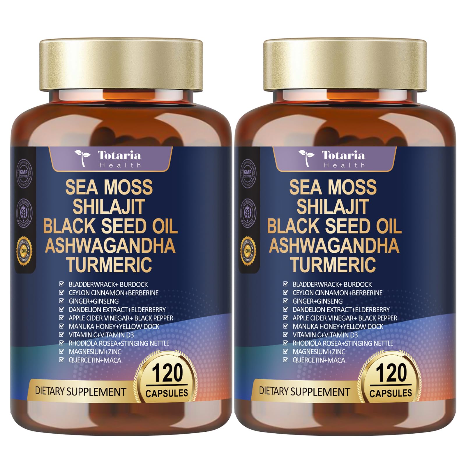 Totaria 25-in-1 Sea Moss capsules bottle front for easy daily wellness routines.