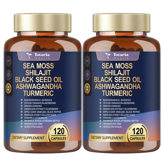 Totaria 25-in-1 Sea Moss capsules bottle front for easy daily wellness routines.