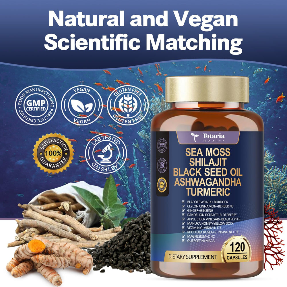 Totaria 25-in-1 Sea Moss capsules bottle with glass highlights easy supplement use.