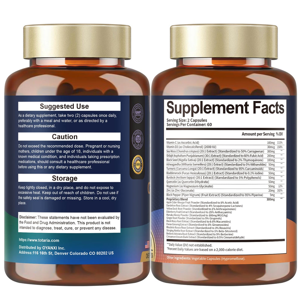Totaria 25-in-1 Sea Moss capsules in hand shows portable daily option.