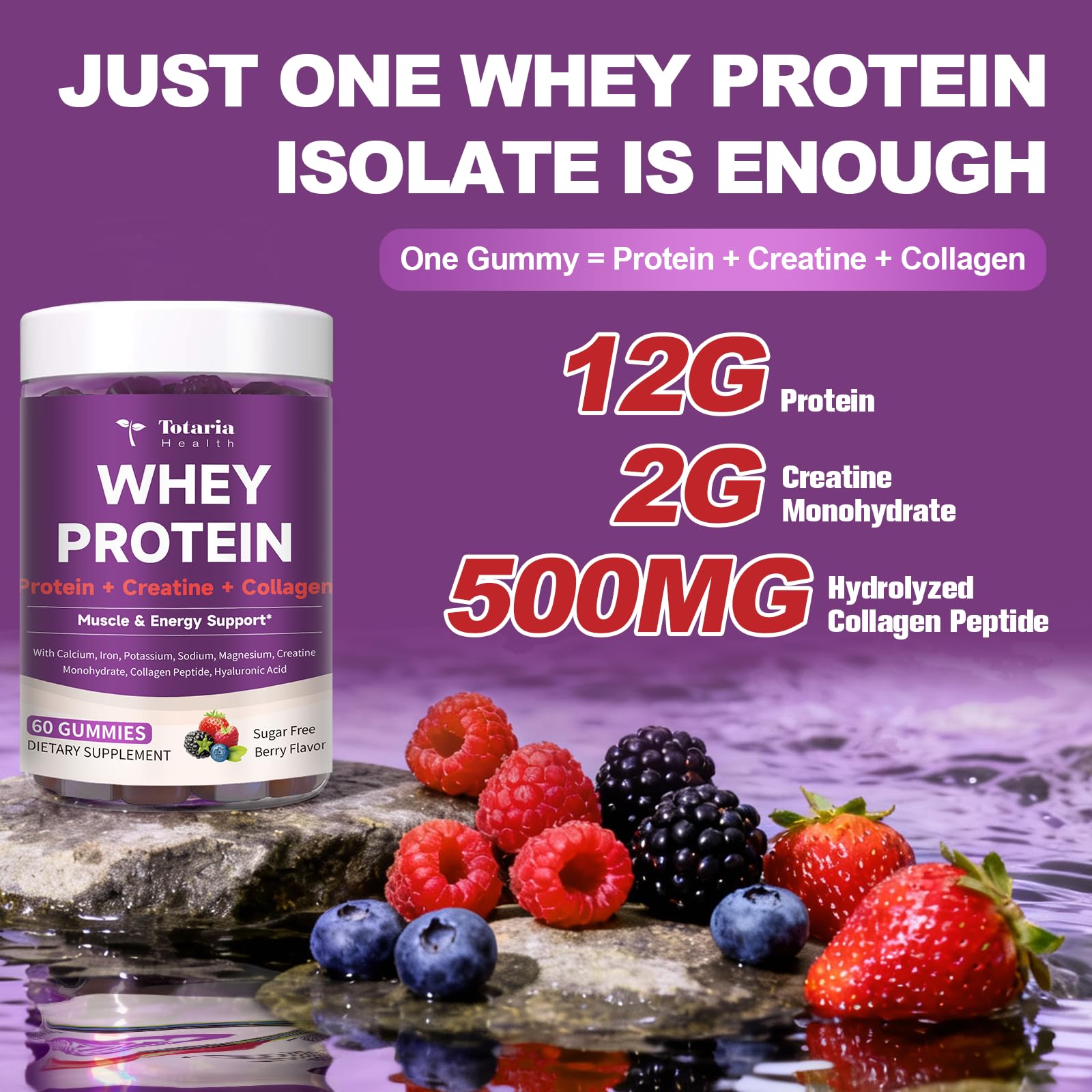 Totaria whey protein gummies closeup with chewy texture and berry flavor