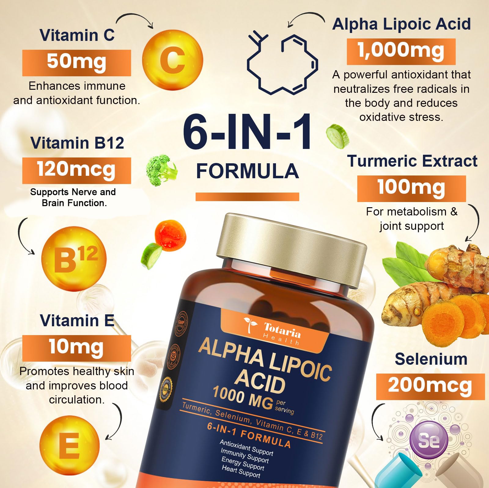 Totaria Alpha Lipoic Acid capsules closeup showing 1000 mg per serving for potent antioxidant support