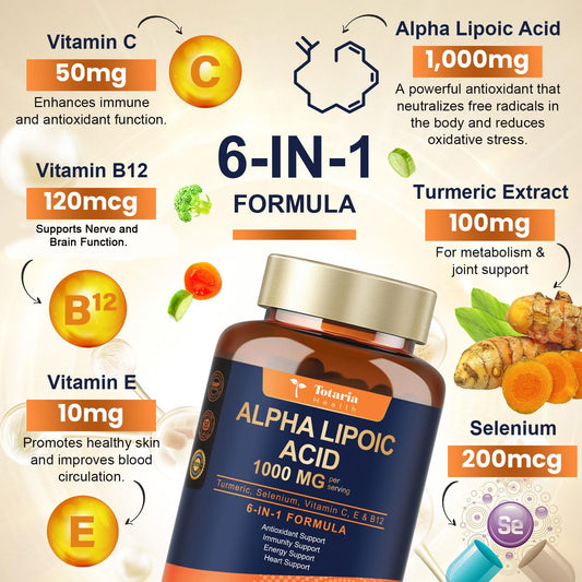 Totaria Alpha Lipoic Acid capsules closeup showing 1000 mg per serving for potent antioxidant support