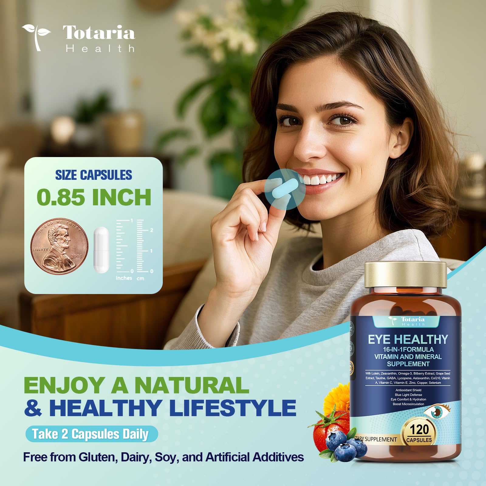 Totaria AREDS 2 bottle held in hand for on-the-go use