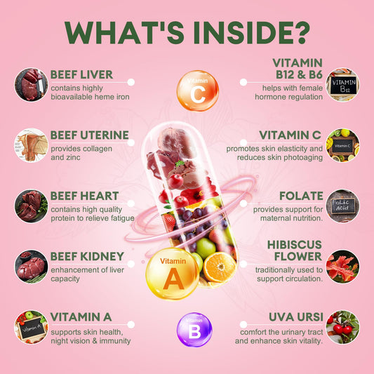 Totaria beef organs women capsules close-up highlights concentrated nutrients.
