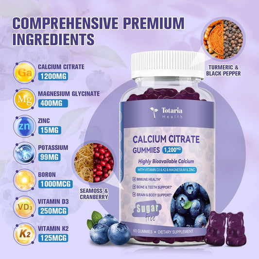 Totaria blueberry gummies close up, a tasty calcium supplement